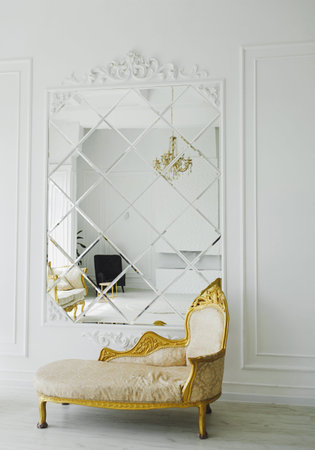 Classic interior of living room with table and mirror