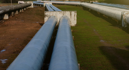 Elevated Heat Pipes. Pipeline above ground, conducting heat to heat city. Urban line in metal...