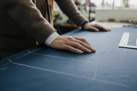 close-up of the tailor's hands at work in the atelierの写真素材