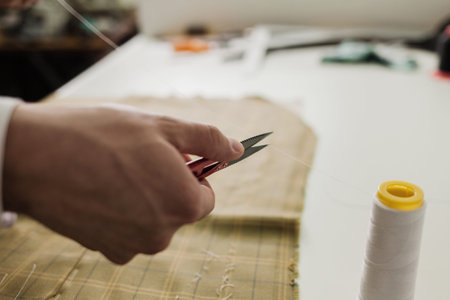 close-up of the tailor's hands at work in the atelier