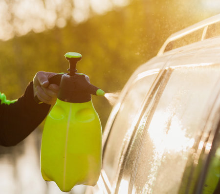 A man washes his car with a high-pressure water jet and brushes the windowsの写真素材