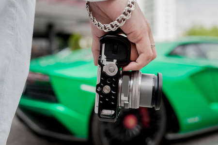 camera and video production equipment on wooden backgroundの写真素材