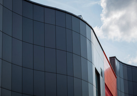details of aluminum facade and aluminum panels on industrial building. Cladding steel frame panels.の写真素材