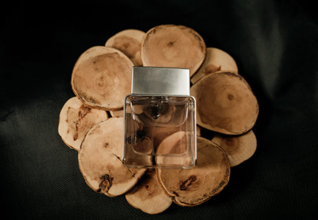 black fragrance perfume bottle on wood background. Top view.