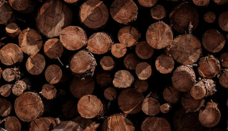 Pile of wooden logs stacked. Wall of stacked wood logs as background. stack of logs. Stack of...