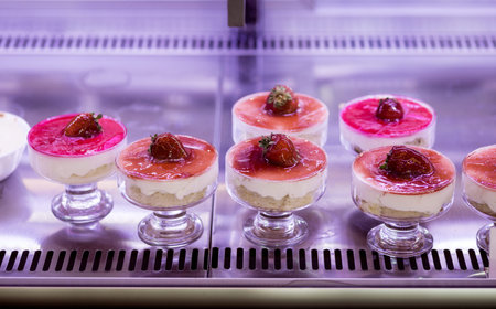 a set of cakes in a glass with strawberries and cream on the cafe window