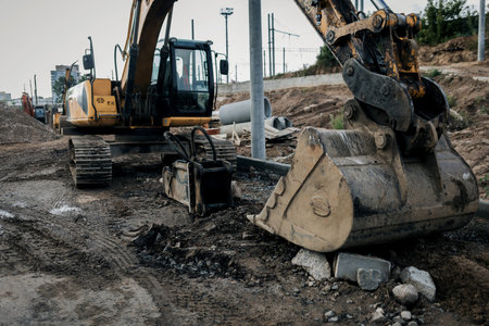 hills of stones for construction industrial. Pile rocks or gravel gray stone textures asphalt mix...