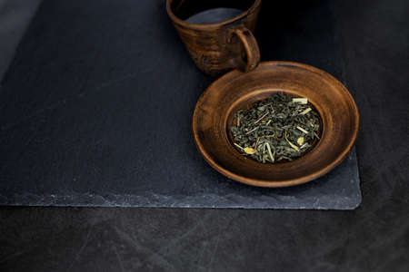 Still life, food and drink concept. Fragrant chinese tea on rustic background.の写真素材