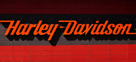 Minsk, Belarus, March 2022 - Harley-Davidson Motor Cycles emblem wall. american brandのeditorial素材