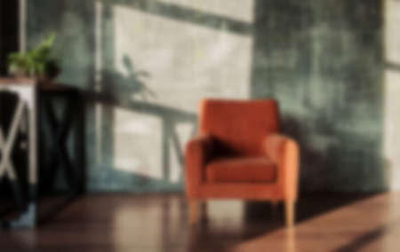Living room with sofa, armchair, lamp and brick wallの写真素材
