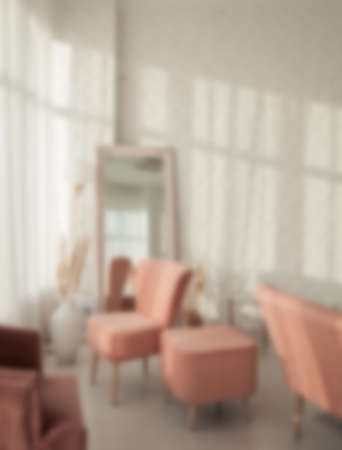 Living room with sofa, armchair, lamp and brick wallの写真素材