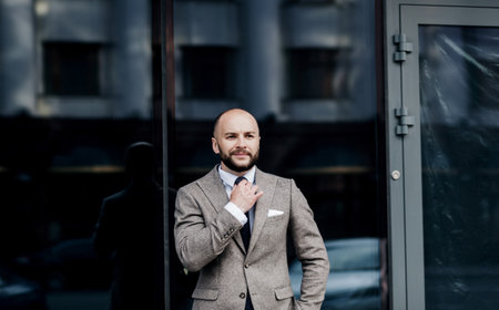a successful man in a suit straightens his tie. Positive IT manager or businessmanの写真素材