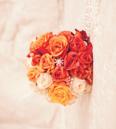 wedding bouquet with roses and beads. decorative flowersの写真素材