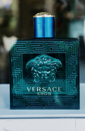 Minsk, Belarus, May 2022 - Versace Eros perfume bottles. Eros inspired by and deeply connected with Greek mythology. Eros was created by Aurelien Guichard.のeditorial素材