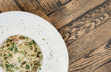 Plate with tasty pasta and cheese. top view. italian foodの写真素材