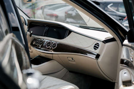Light luxury car Interior - steering wheel, shift lever and dashboardの写真素材