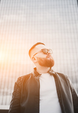close-up portrait stylish man sunglassesの写真素材