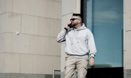 Man talking on a phone. Casual professional entrepreneur using smartphone smiling outsideの写真素材