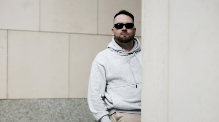 Urban bearded man wearing stylish gray hoodie and sunglassesの写真素材