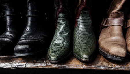 worn cowboy shoes. old boots on a shelfの写真素材
