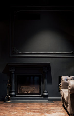 Elegant living room with stylish fireplace and loft interior designの写真素材