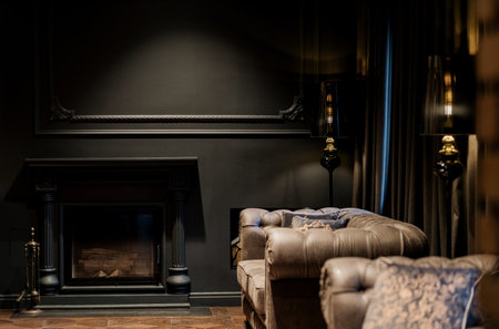 Elegant living room with loft interior design, comfort armchairs near fireplace in apartmentの写真素材