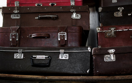 background of old vintage suitcases. retro bagsの写真素材