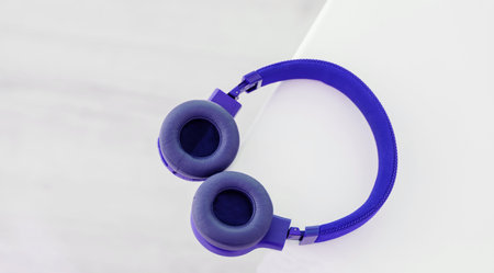 Blue Wireless surround headphones. modern, audio, itemの写真素材