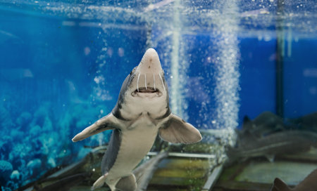 Sturgeon underwater in the aquarium on the fish marketの写真素材