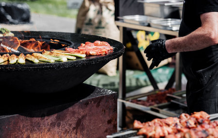 pieces of fried meat on a grill. barbecueの写真素材