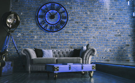 Blue Loft style sitting-room brick and clocks
