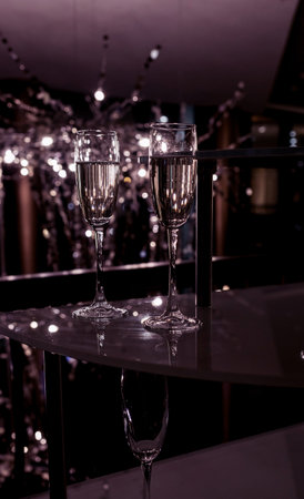 Champagne glasses on celebration. Party and holiday celebration conceptの写真素材