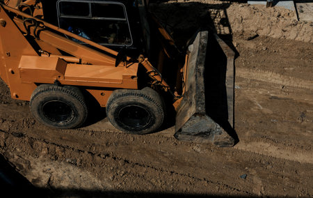 Top view of wheel loader. excavator or bulldozer works on construction siteの写真素材