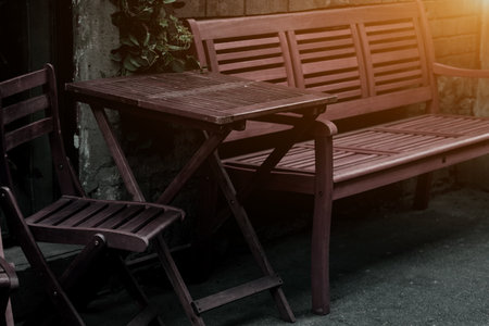 outdoor restaurant with wooden table. street terrace. summer cafeの写真素材