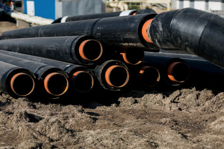 Black rubber tube. Industrial pipes on construction siteの写真素材