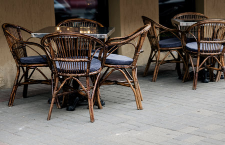 Empty Coffee shop on a sunny day. Cafe terrace in small European cityの写真素材