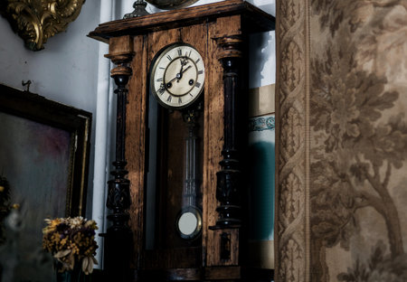 vintage table clock with roman numerals. old wooden vintage clock