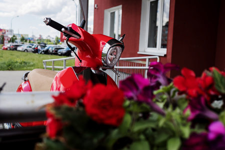 red retro vintage scooter. retro moped. old bikeの写真素材