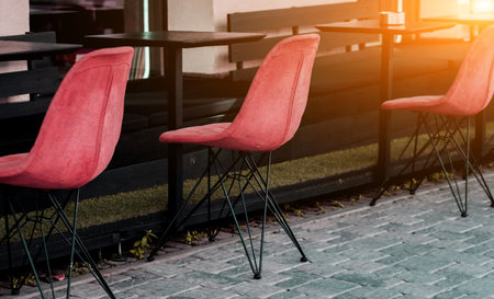 bright outdoor furniture. yellow cafe chairs. summer terraceの写真素材