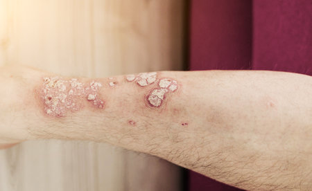 Acute psoriasis on the legs is an autoimmune incurable dermatological skin disease. A large red, inflamed, flaky rash.の写真素材