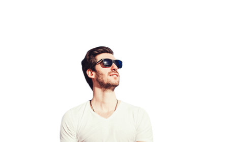 handsome man in sunglasses and t-shirt isolated on white background. Men's beauty, fashionの写真素材