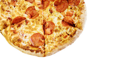Italian Pepperoni pizza with salami isolated on white background. top view. Italian traditional food.の写真素材