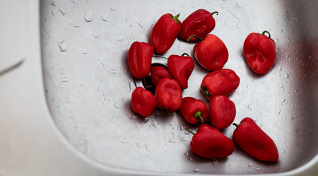 small red peppers in a metal sink. wash vegetables before eatingの写真素材