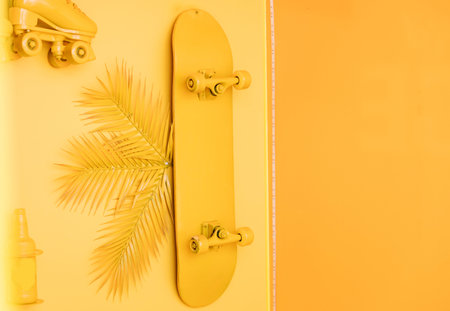 Idea for Interior of modern stylish room for a teenager. yellow skateboard and roller skates on the wallの写真素材