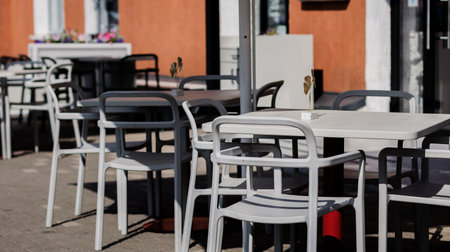 stylish outdoor cafe with tables. elegant street terraceの写真素材