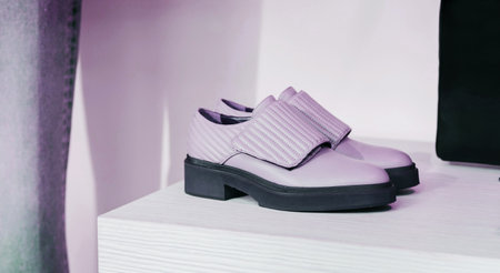 colorful leather shoe in the shop. luxury women shoesの写真素材