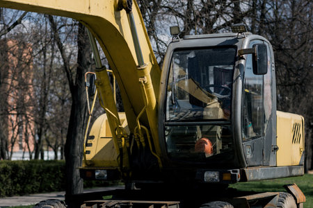 Cab of a bulldozer at a construction site. cabin of tractorの写真素材
