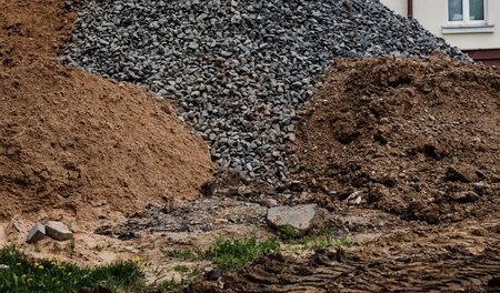 Pile of sand and gravel for construction. limestone materials for the construction industry.の写真素材