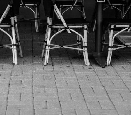 elegant tables and chairs of cafe. empty restaurant. summer bistroの写真素材