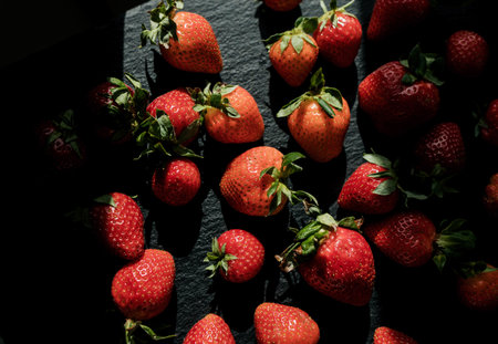 a bunch of ripe natural strawberries. juicy strawberries on wood backgroundの写真素材
